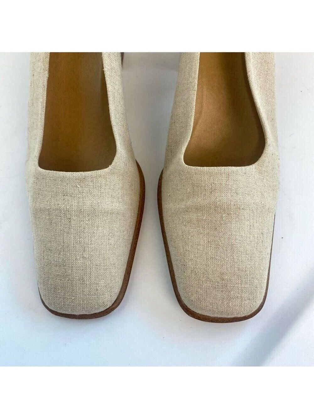 Nine West Beige Tan Linen Like Fabric Shoes Pump Square Toe Wood Block Heel Wome - Picture 7 of 11